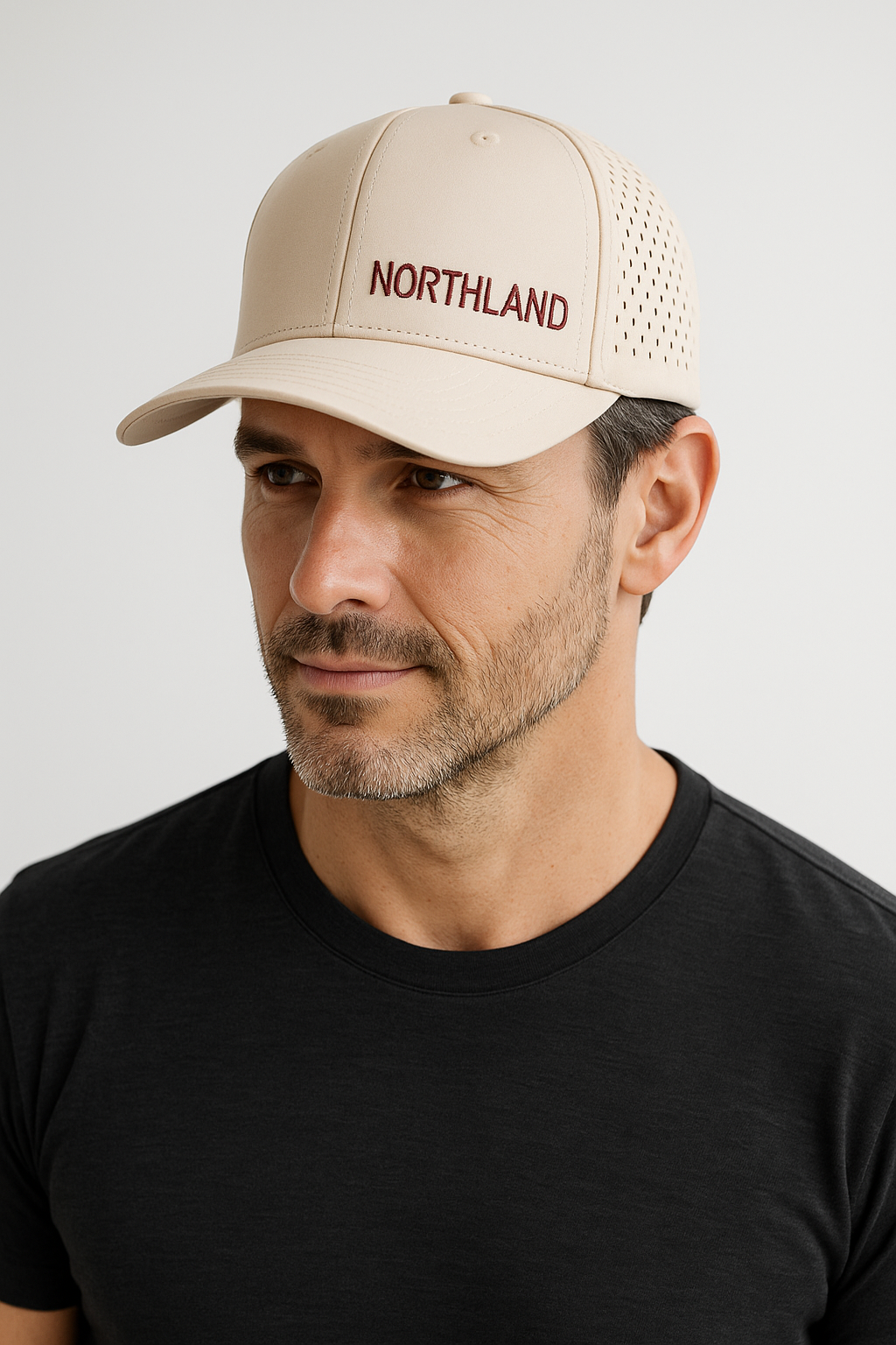 Tan Baseball Hat with Dark Red Embriordered Northland