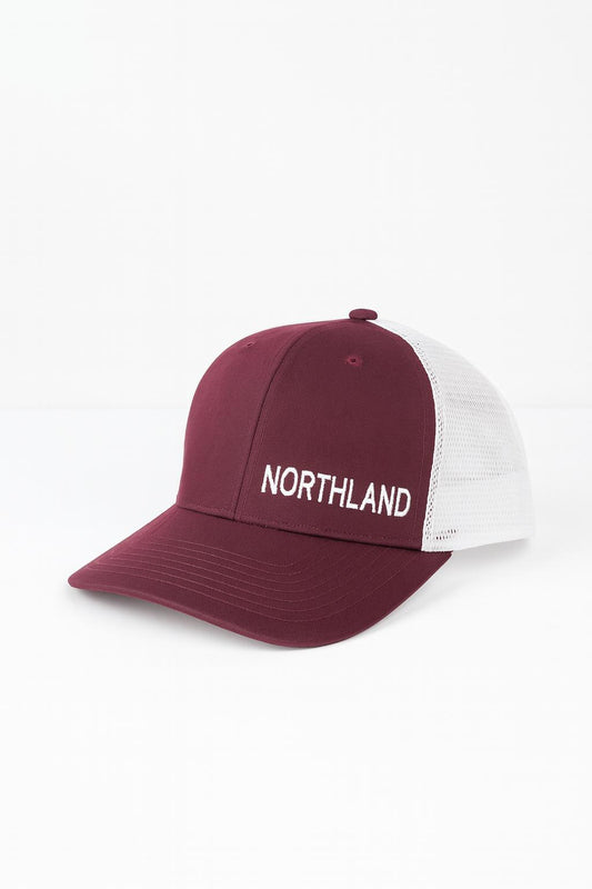Deep Red Baseball Hat with White Embriodered Northland
