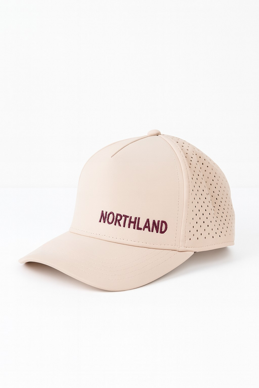 Tan Baseball Hat with Dark Red Embriordered Northland